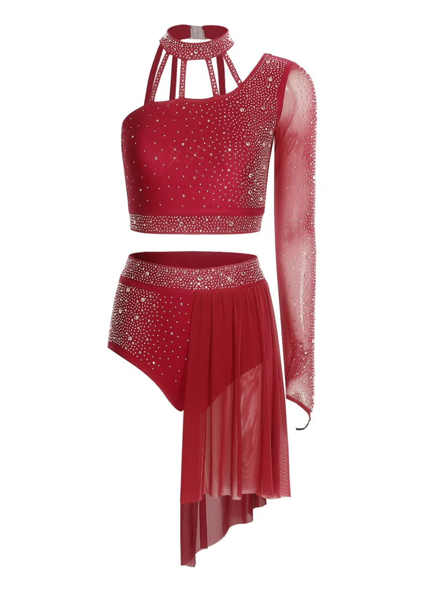 Agoky 2 Pezzi Vestito da Danza Lirica Donna con Strass Crop Top con Gonna Irregolare in Rete Abito da Pattinaggio Artistico Latino Tango Performance