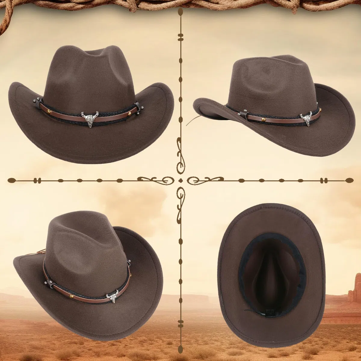 Cappello da Cowboy per Donne e Uomini, Cappelli da Cowgirl in Finta Pelle e Feltro con Tesa Larga per Esterni con Cinturino, Marrone