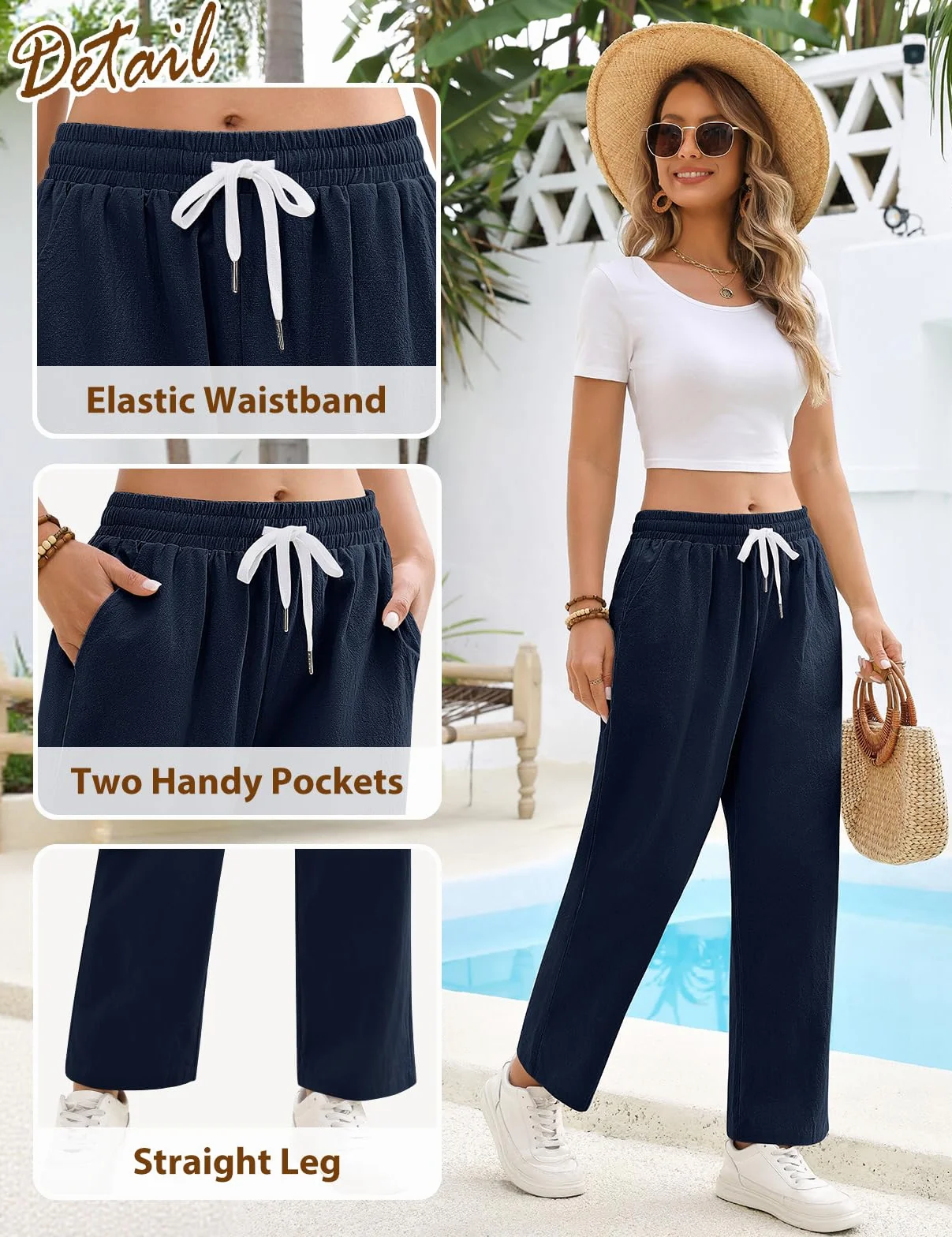Pantaloni Donna Estivi Leggeri 7/8 Larghi Cotone Pantalone Elastici in Vita Tinta Unita Casual Gamba Dritta Pantaloni Comodi Eleganti Spiaggia Pantalone con Tasche