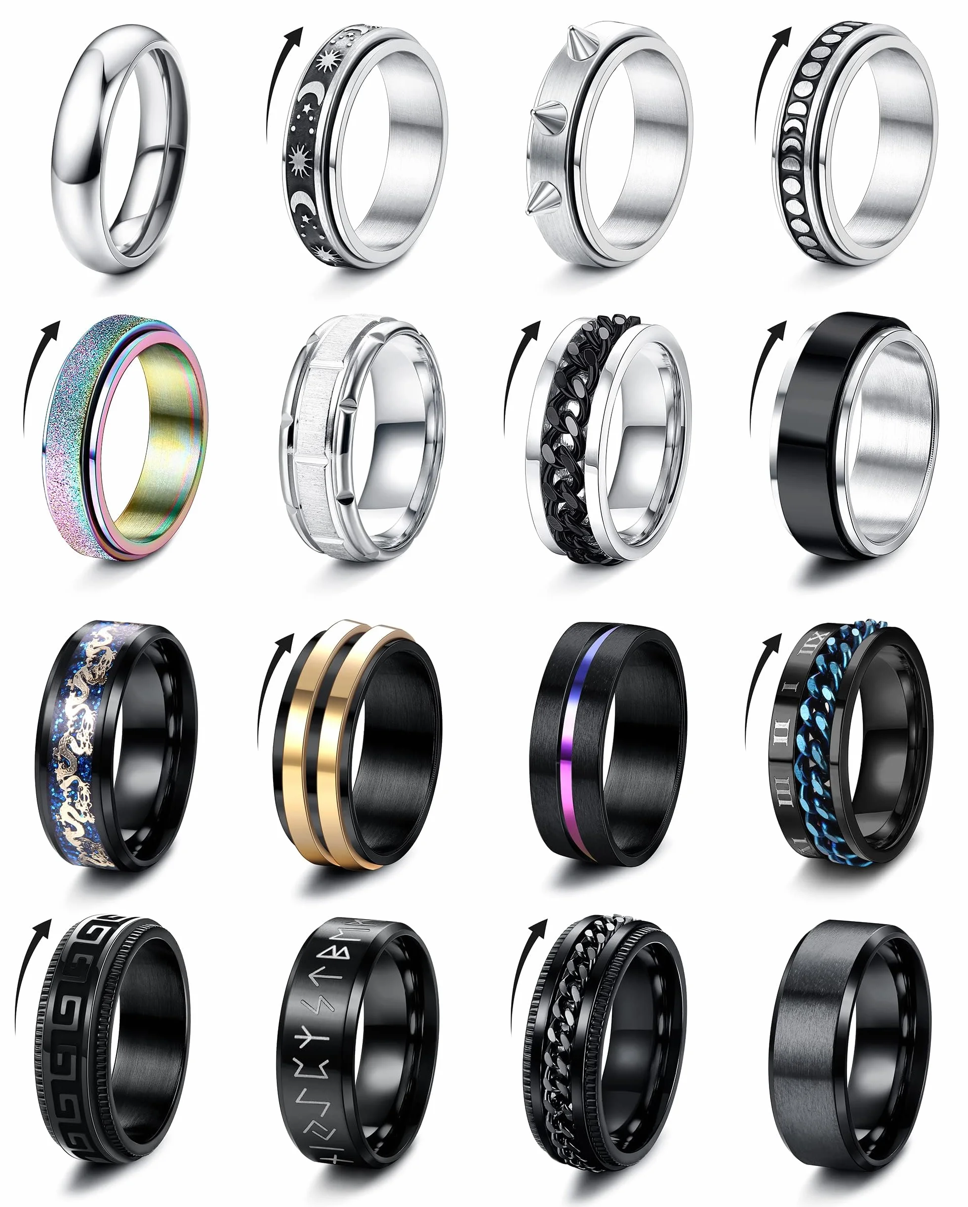 FIOROYAL 16 Pezzi Anelli Uomo Argento Nero Acciaio Inossidabile Antistress Anxiety Anelli Celtici Anelli Cool Banda Spinner Fidanzamento Promessa Anello per Uomo Donna 14.2-30