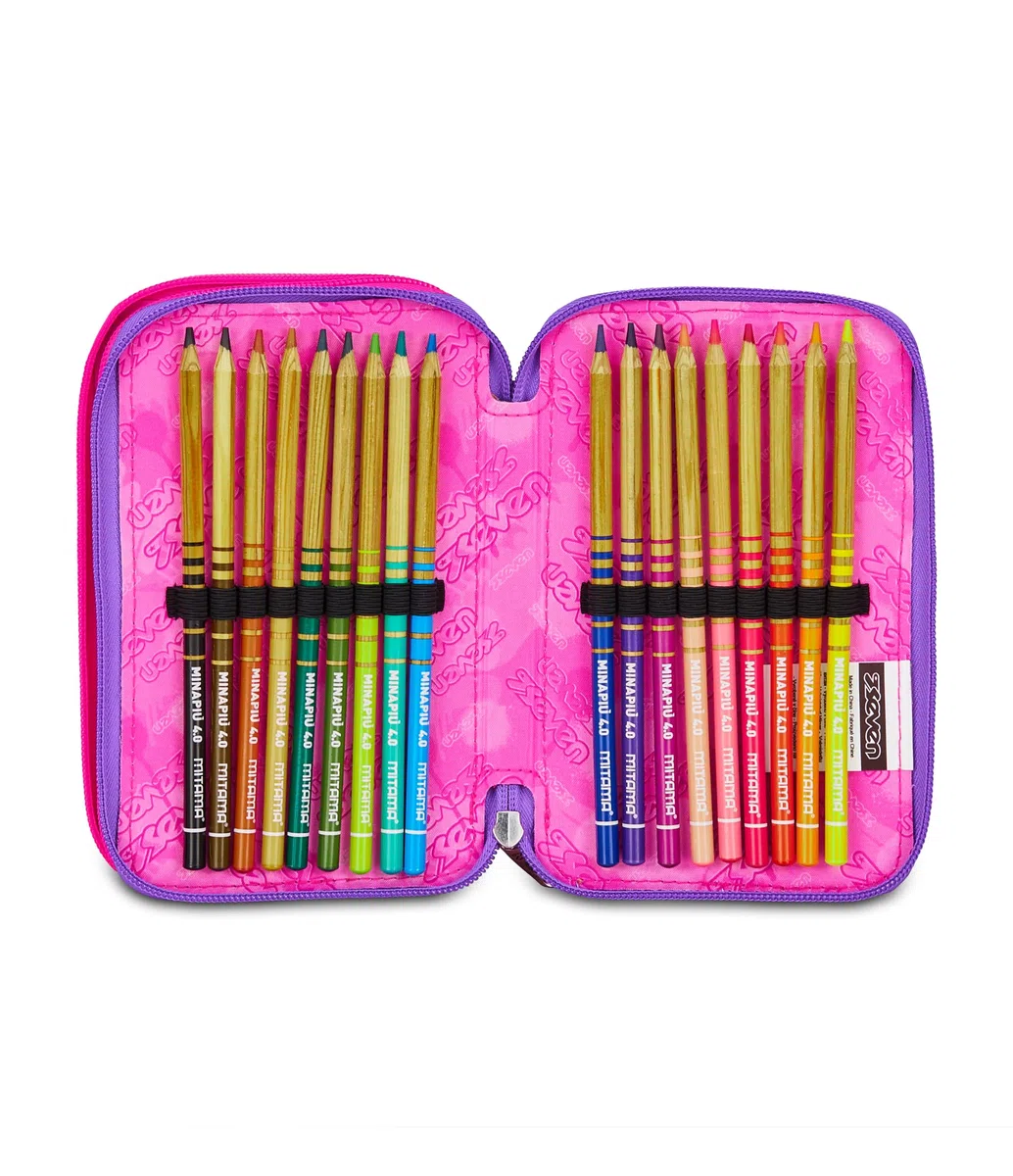Seven Astuccio Scuola Elementare, 3 scomparti, Medie, con Matite, Pennarelli, Penne, 3 Zip, Lovely Elements, Bambina e Ragazza, rosa/viola
