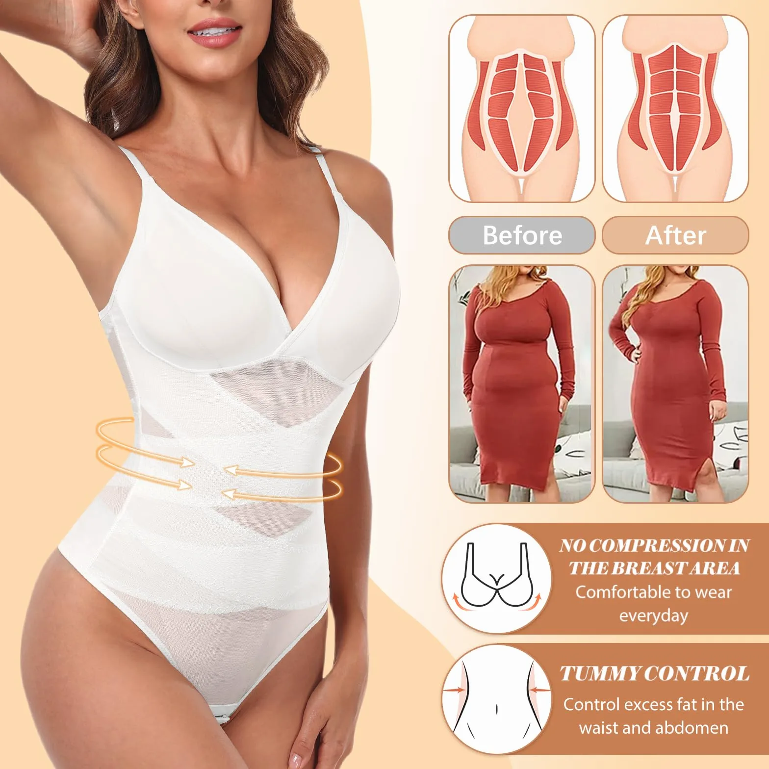 Tuopuda Body Contenitivo Modellante Donna Shaper Perizoma Bodysuit Guaina Contenitiva Intimo Snellente Pancia Piatta Dimagrante Shaping con Reggiseno Spallino Regolabile Mesh Fajas