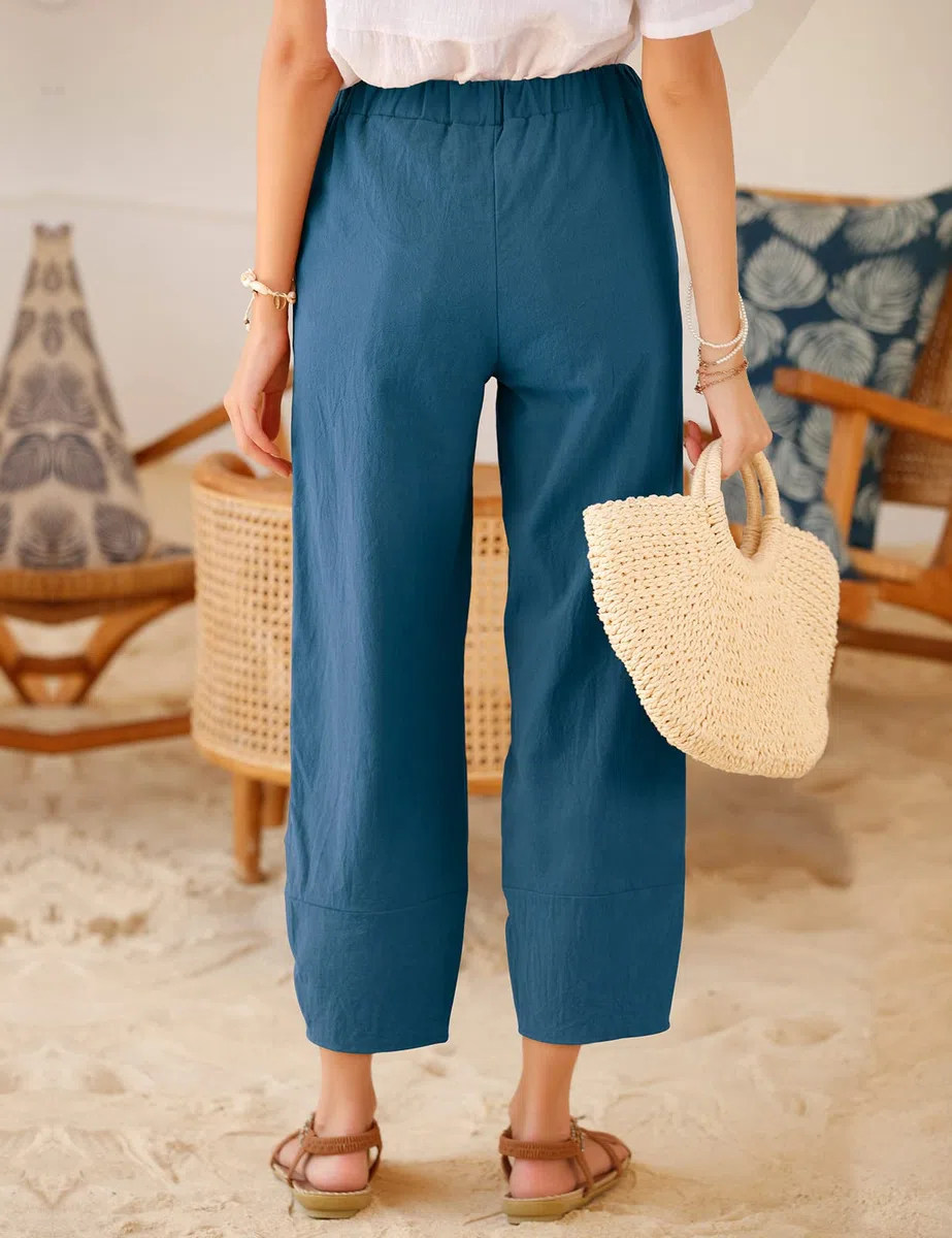 Yuson Girl Pantaloni estivi da donna, in lino, estivi, in cotone, casual, 7/8, per il tempo libero, pantaloni capris, elasticizzati, a vita alta, pantaloni in lino, leggeri, con tasche