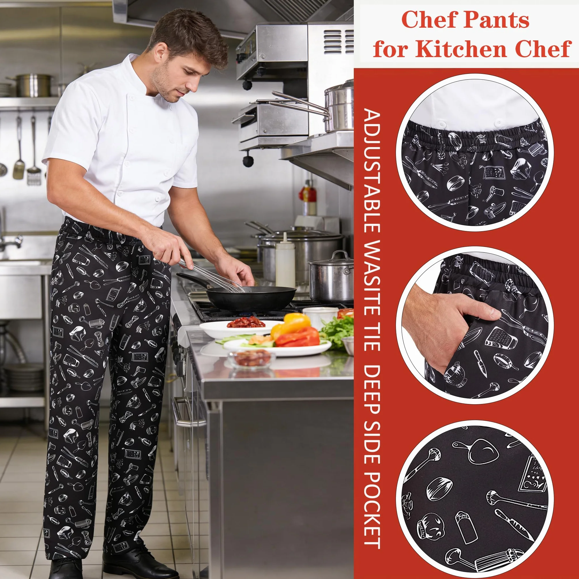 Nanxson Pantaloni da Cuoco Larghi da Uomo, Pantaloni da Lavoro Stampati con Divise da Cucina da Ristorante in Vita Elastica CFM2013