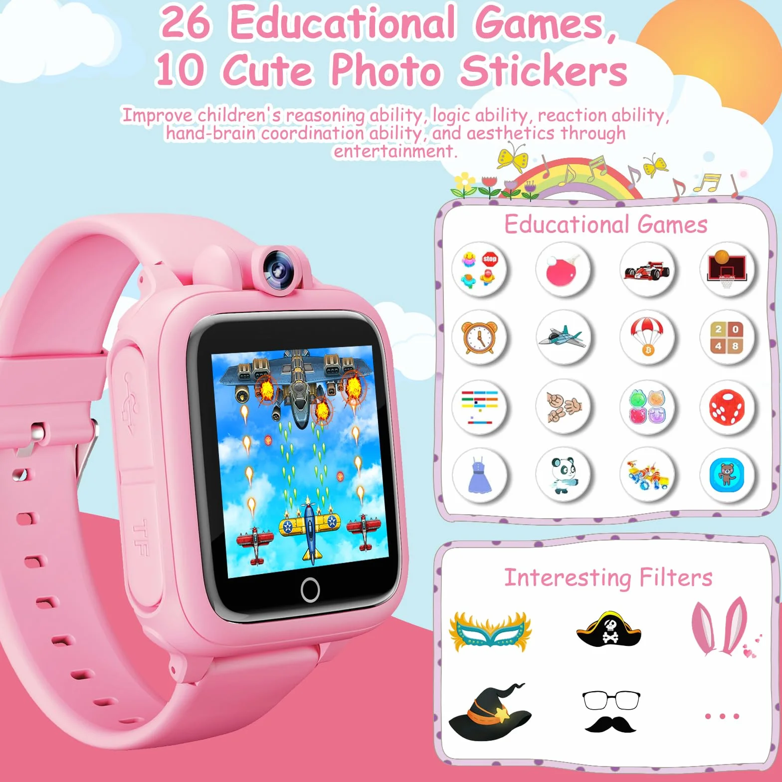 Smartwatch per Bambini, Orologio Bambina, 26 Giochi, Contapassi, Calorico, Fotocamera, Musicale, Torcia, Sveglia, Giocattoli Educativi, Regali di Natale per ragazze e ragazzi dai 2 ai 13 anni