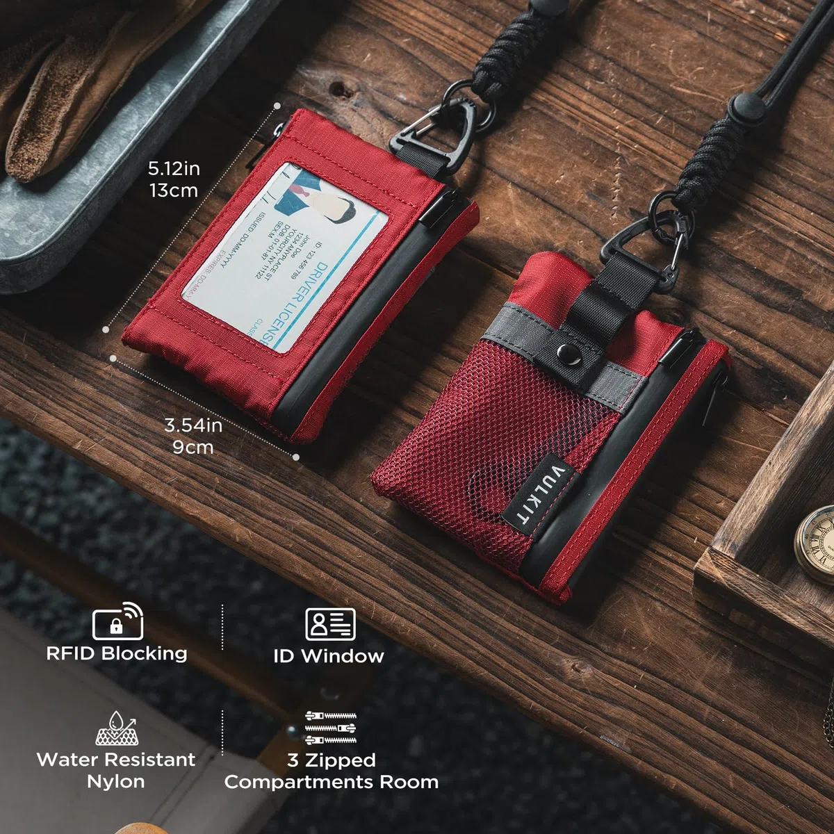 VULKIT Portafogli piccolo Minimalistico con Finestra Identificativa, Porta carte di credito con Blocco RFID Portafoglio impermeabile con cerniera (Rosso)