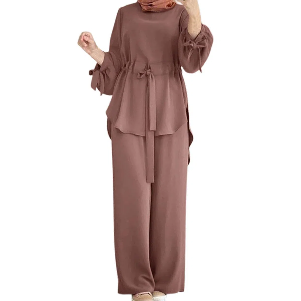 Donna musulmana manica lunga risvolto camicia irregolare pantaloni larghi pantaloni larghi tinta unita tuta casual tuta pantaloni festivi maniche lanterne set musulmano abaya abbigliamento