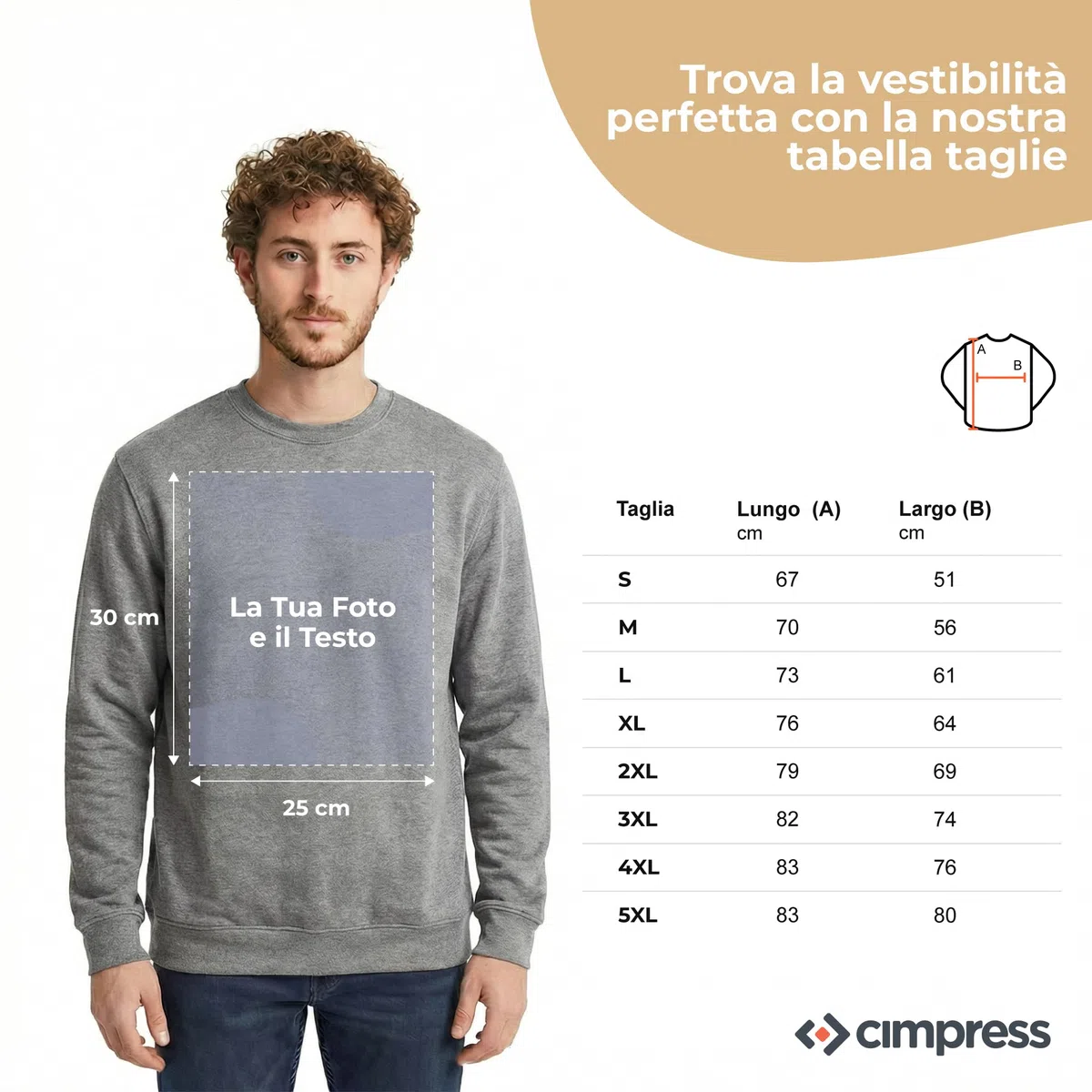 Cimpress Felpa Personalizzata Uomo, Taglie S–5XL, Personalizzabile con Foto, Logo o Testo, Girocollo con Stampa Frontale, Ideale per Squadre, Regali, Eventi o Divise Aziendali