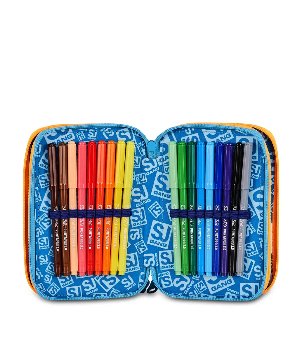 SJ GANG STYLE JAM GANG Astuccio Scuola 3 zip JOYFUL PINS BOY, Blu, Triplo Scomparto, 45 pezzi, Portapenne Attrezzato, Completo di matite, penne e colori, Accessori Zaino, Scuola elementare, Bambino