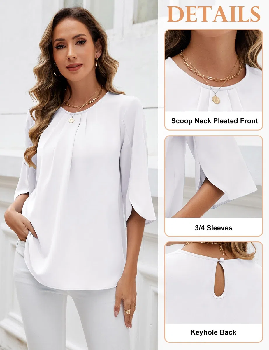 Camicia Donna Elegante Manica a 3/4 Top Blusa a Girocollo in Chiffon Casual Camicetta Estiva Tinta Unita Manicotto Split Maglietta da Lavoro