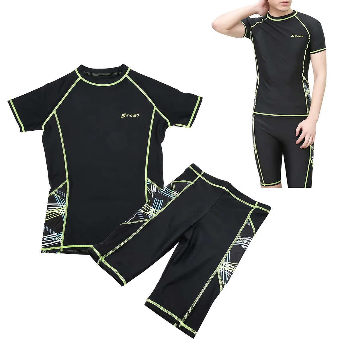POENVFPO Tuta da Surf da Uomo, Camicia a Maniche Corte con Pantaloncini 2 Pezzi Muta da Bagno Estiva per Uomo (L)