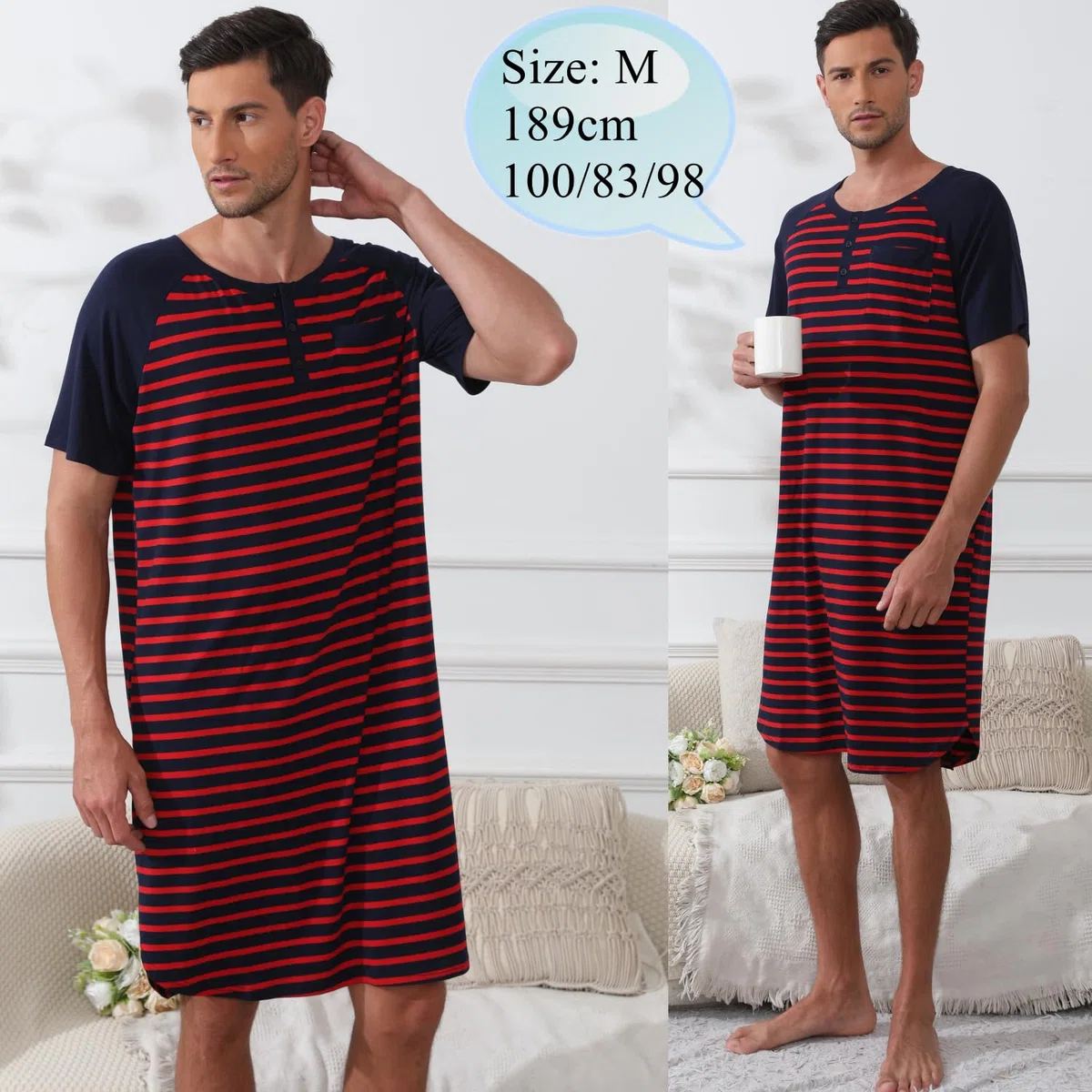 Enjoyoself Maglie Pigiama Maniche Corte Camicie da Pigiama da Uomo in Cotone per Primavera Autunno