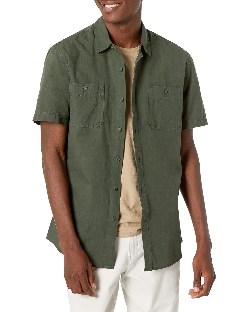 Amazon Essentials Uomo Camicia in Chambray a Manica Corta vestibilità Regular