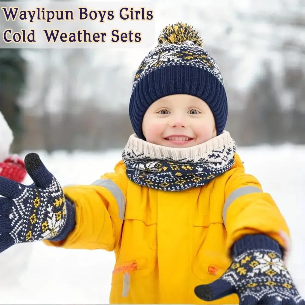 Cappello Invernale per Bambini Guanti Sciarpa Set, 3 in1nverno in Pile Addensato Cappello a Maglia Termica Sciarpa Guanti Set, per Bambini Ragazzi Ragazze, 2-7 Anni