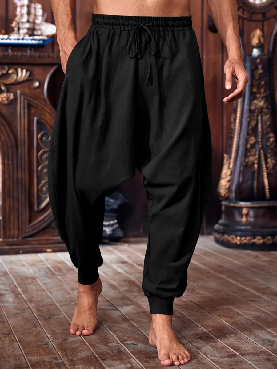 Runcati Pantaloni da uomo tinta unita pantaloni estivi pantaloni vichinghi pirata medievale leggero elastico vita baggy pantaloni casual con coulisse e tasche pantaloni hippie