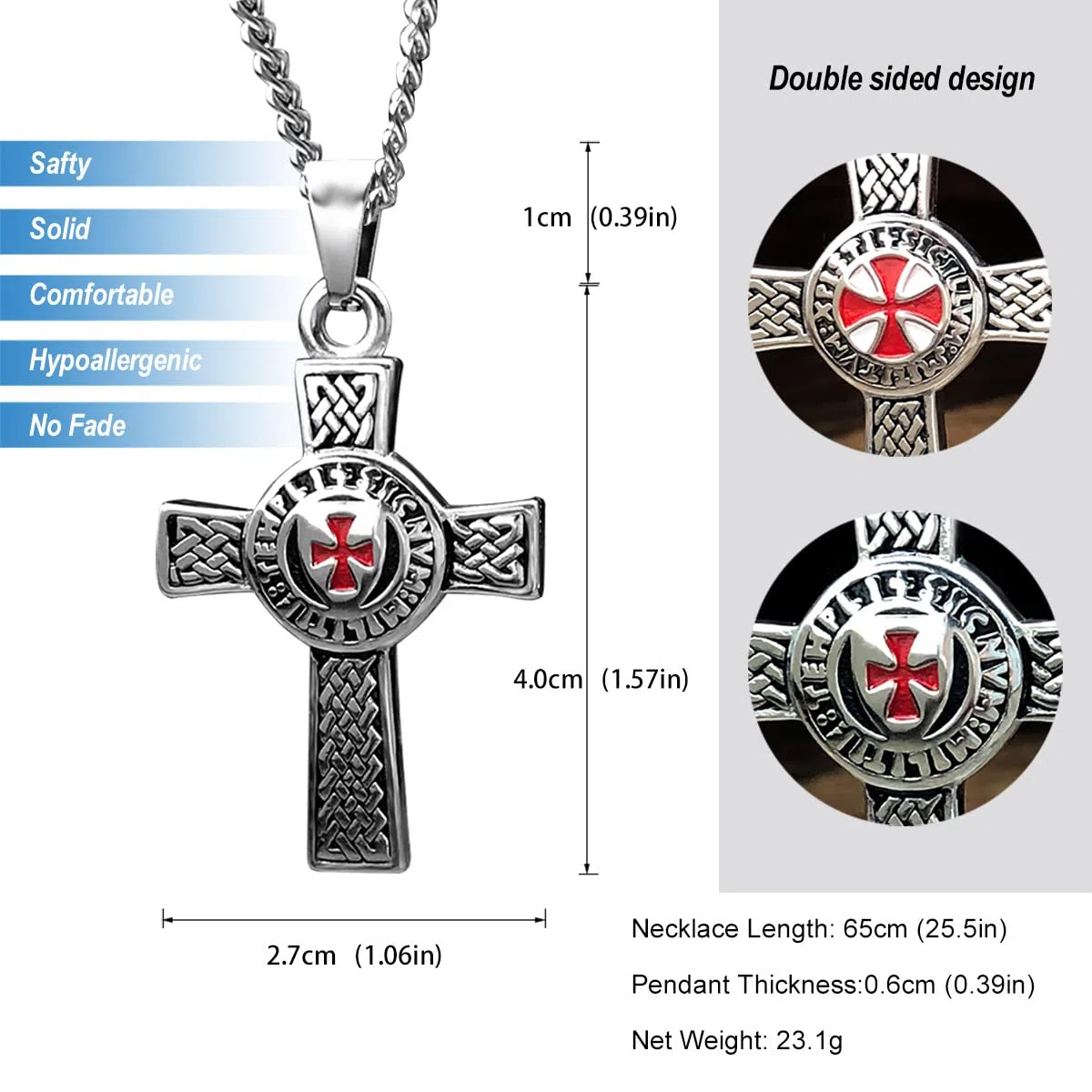 bahamut Collana con ciondolo a forma di croce templare, per uomini e ragazzi, in acciaio inox, stile vintage, con catenina da 63,5 cm