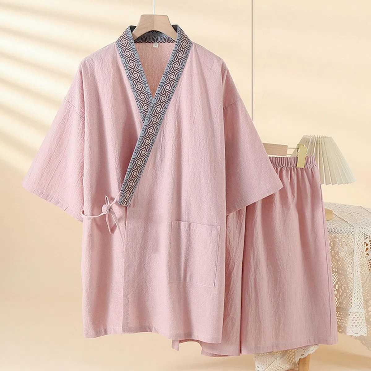 Generisch Pigiama da uomo corto estivo, tuta da casa in due pezzi, stile kimono a maniche corte e pantaloncini in cotone giapponese di grandi dimensioni pigiameria da uomo Abbigliamento estivo leggero