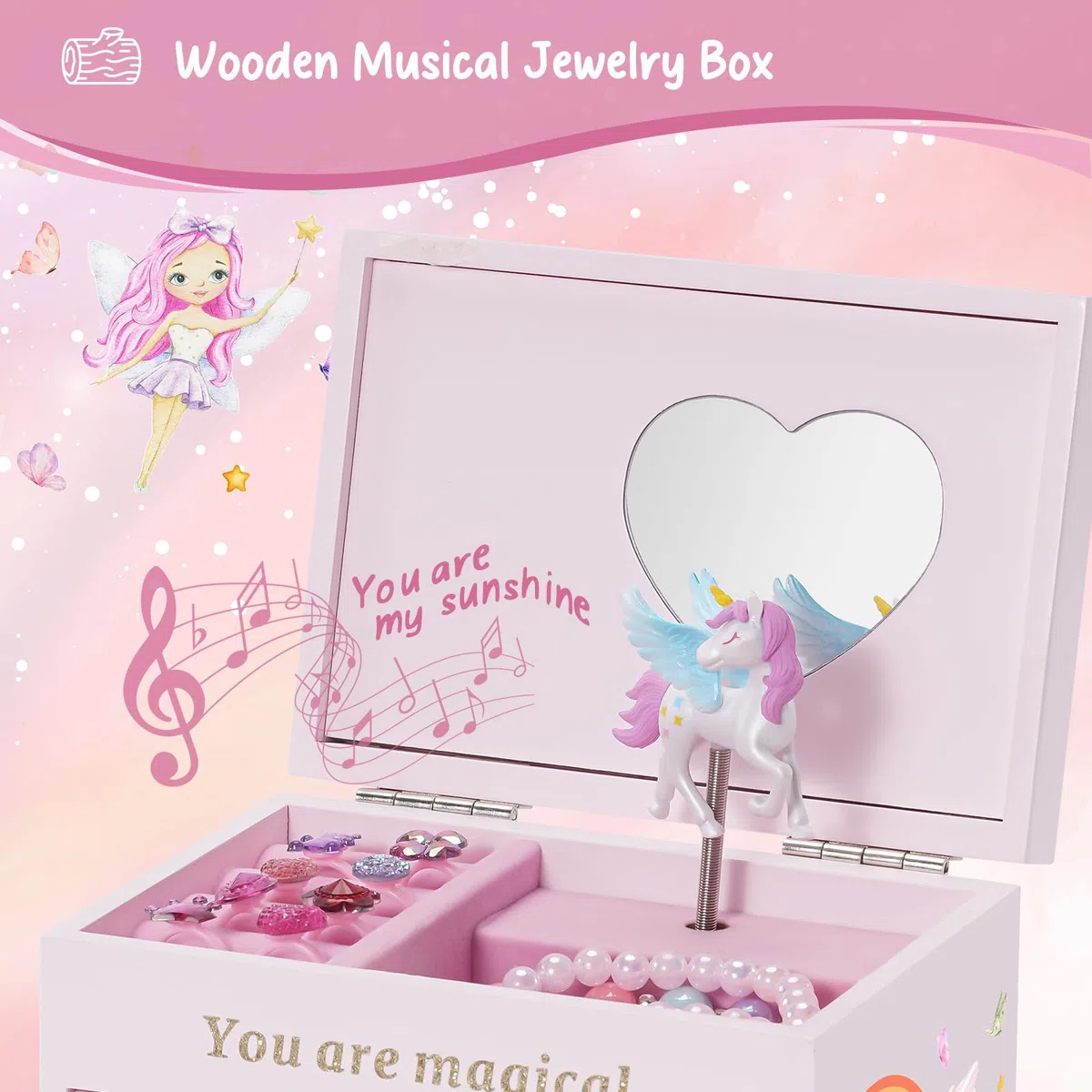 Lolalet Scatola di Gioielli in Legno con Unicorno per le Ragazze, Organizzatore di Gioielli per Bambini, Cassa di Gioielli per Collana Orecchini Bracciale Orologio Lipstick Anello -Rosa