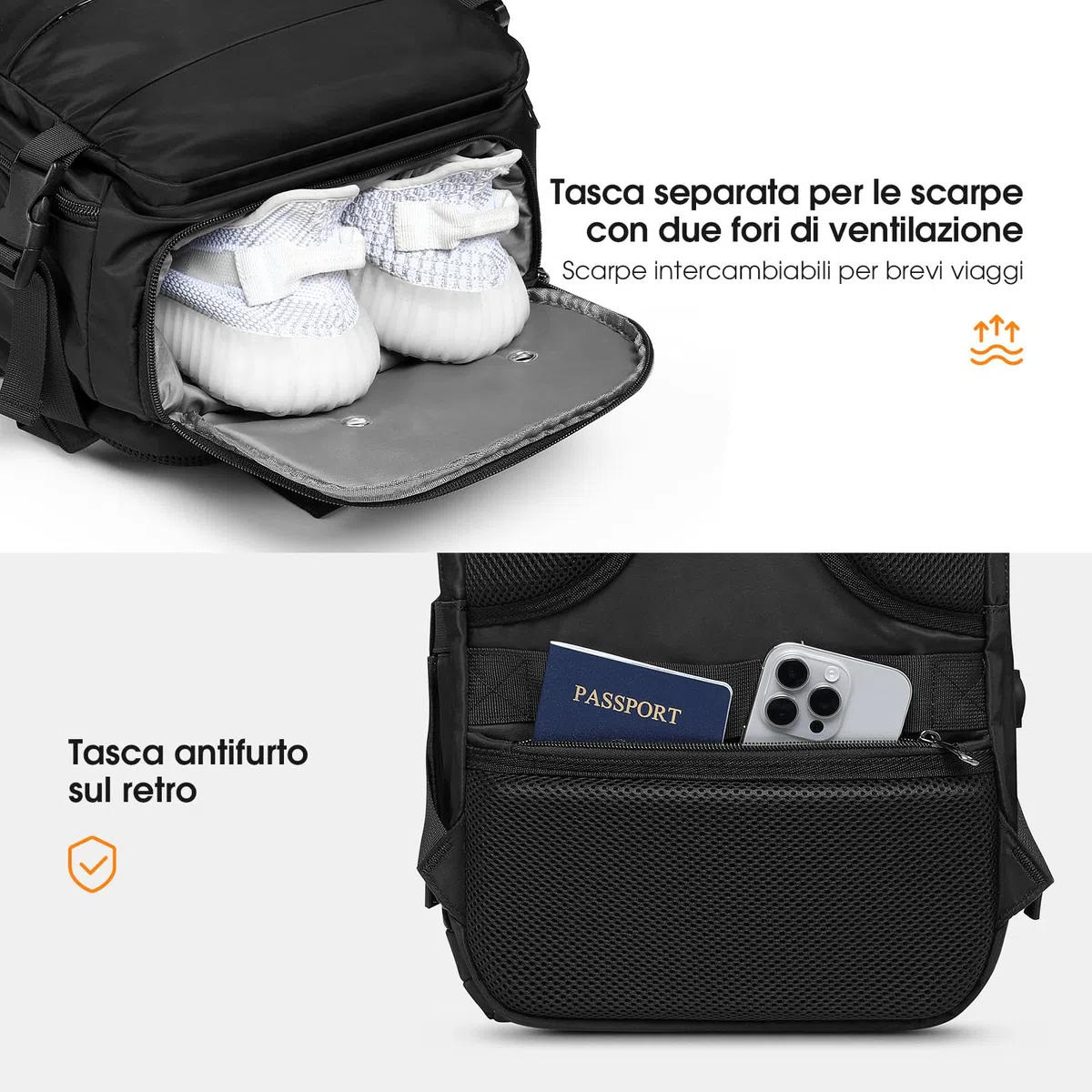 Samfolk Zaino Ryanair 40x20x25 Zain da Vaggio bagaglio a mano ryanair 12 Tasche zaino sottovuoto viaggio con Borsa Scarpe Separata per Donne e Uomini Bagaglio a mano, 20L (Nero, 40x20x25)