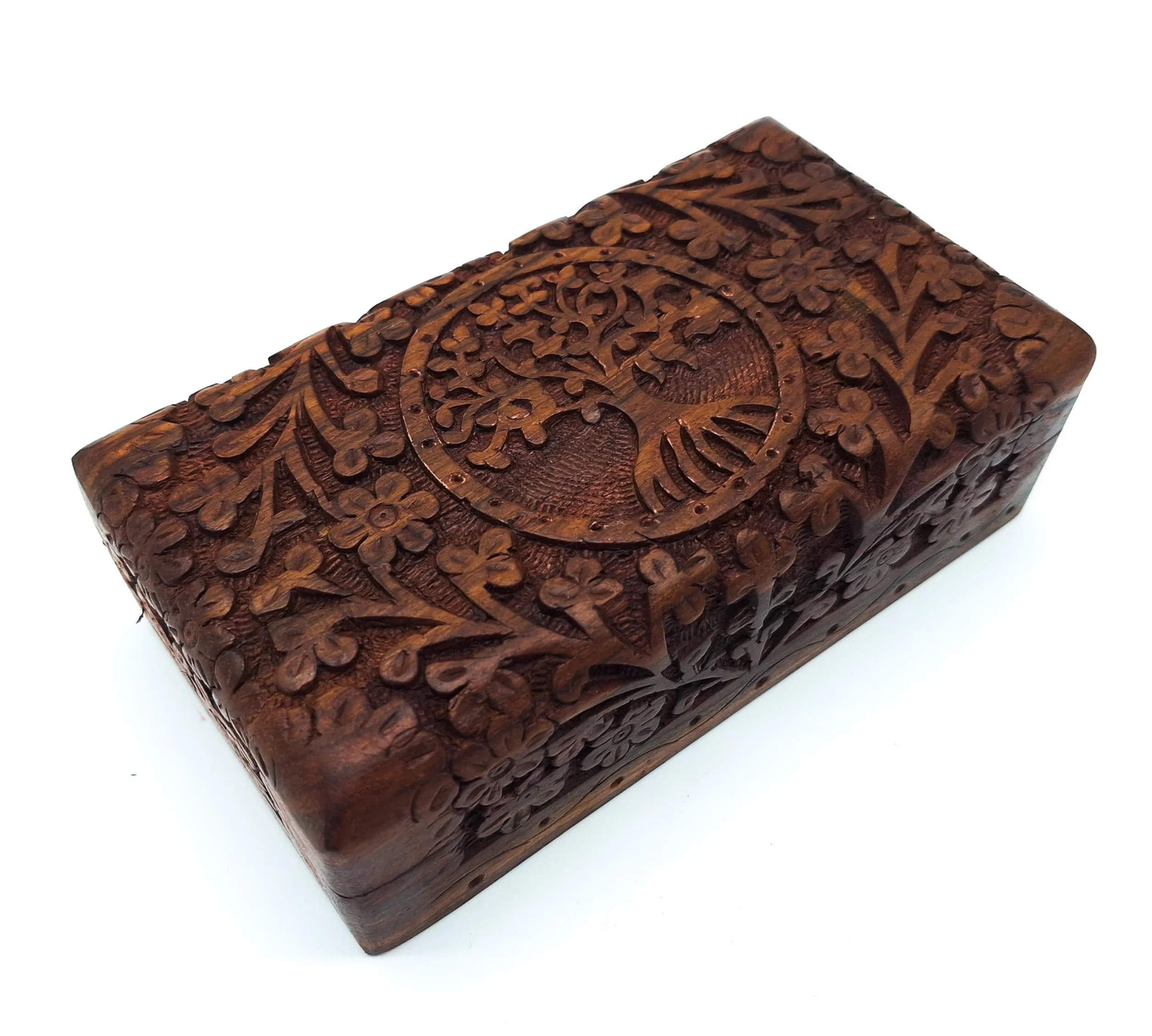 Scatola in legno fatta a mano, misura M, con albero della vita, per gioielli, per famiglia, spiritualità, stile di vita, India (dimensioni M 17 x 9,5 x 5,5 cm, peso circa 375 g)