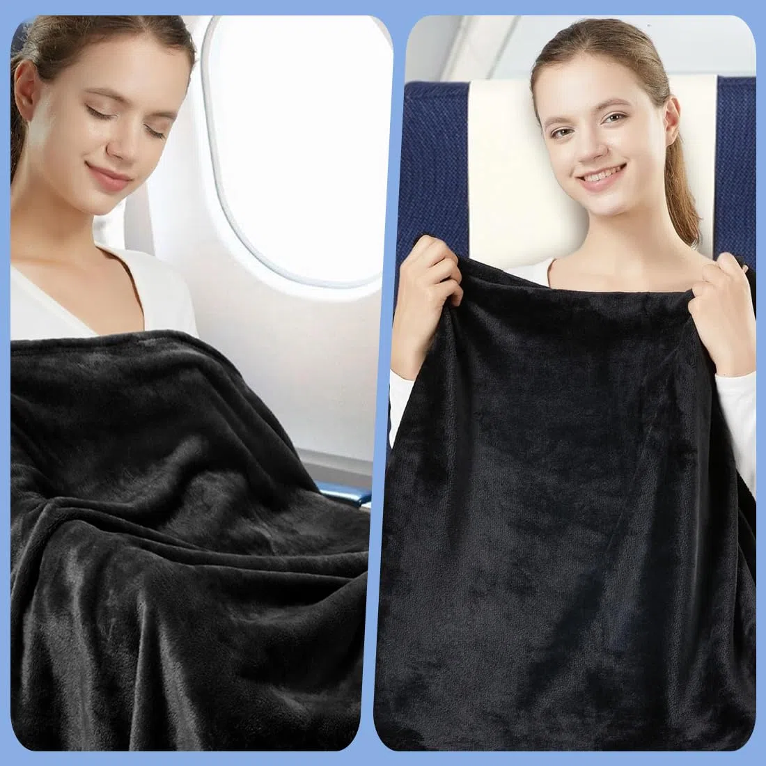 NHQZ Coperta da Viaggio,50x60in(152 x127cm) Coperta da Viaggio e Cuscino,Morbido e Caldo 2 in 1,Portatile Aereo per Viaggi D'affari e Ufficio (Nero)