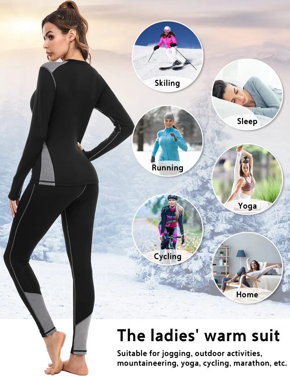 Terecey Intimo Termico Donna Sci,Completo Termico Donna Invernale,Biancheria Termica Donna Traspirante,Due Pezzi Tuta Termica Donna Sportiva in Felpata,Maglia Termica Donna+Leggings Termici -