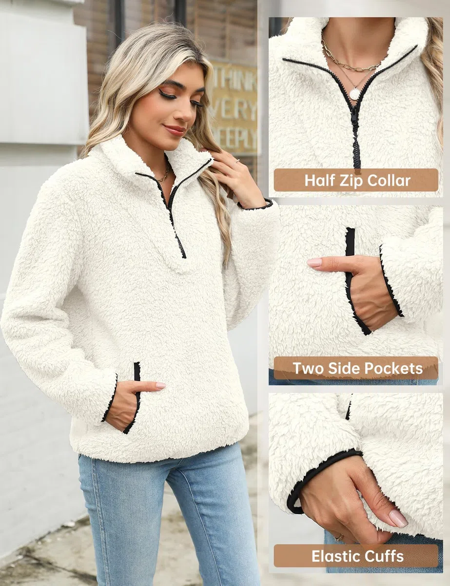 Tuopuda Donna Felpe Senza Cappuccio Pullover Pile Tops Termico Manica Lunga Felpe con Zip Tasche Maglione Caldo Autunno Invernali Sweatshirt Eleganti Hoodie Fleece Jumper Maglietta