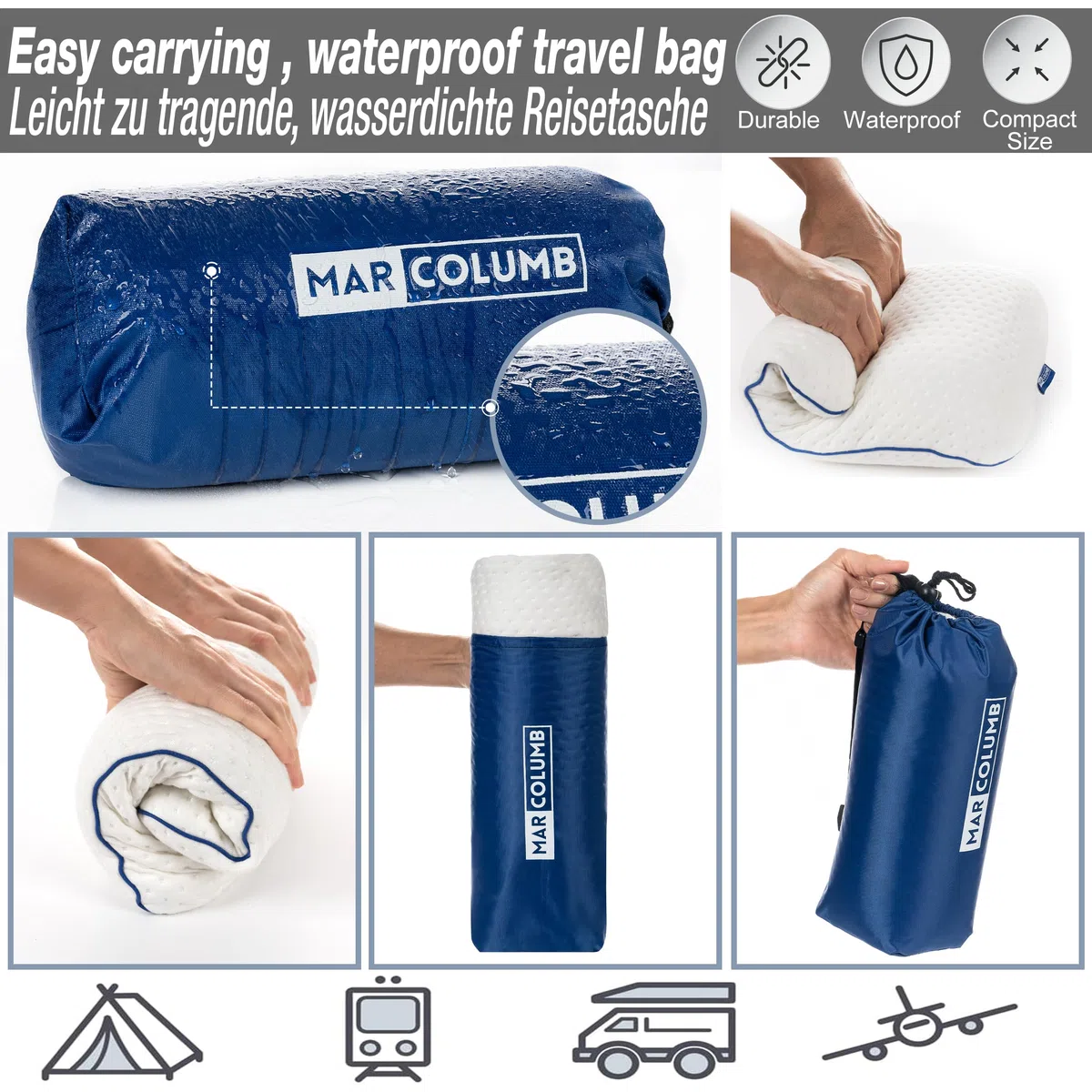 Cuscino da viaggio – Supporto ergonomico per il collo da campeggio in memory foam con federa termoregolante – Borsa da viaggio impermeabile inclusa (Nero)