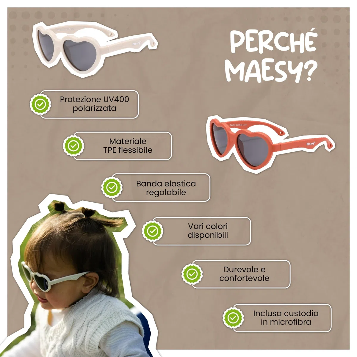 Occhiali da Sole per Bambina, 0-2 Anni, Protezione Polarizzata UV400, Montatura Flessibile e Pieghevole, Cinturino Elastico Regolabile, Occhiali da Sole Sicuri e Comodi per Bambino, Maes