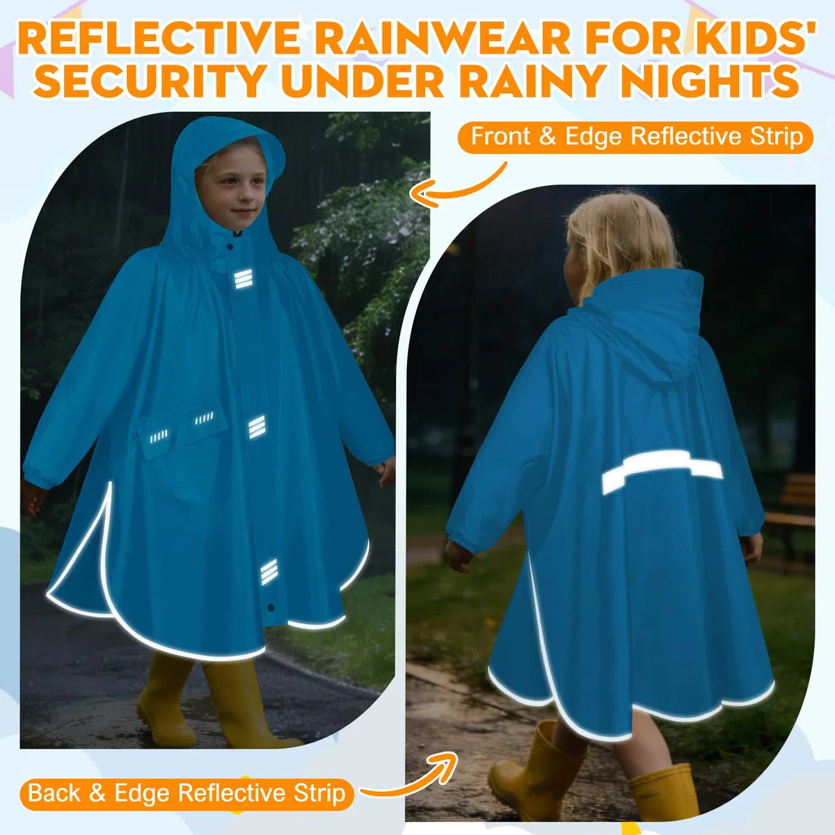 Poncho Antipioggia Bambino Leggero Mantella Antipioggia Impermeabile Con Cappello Tesa Strisce Riflettenti Unisex Poncho Antipioggia Riutilizzabile Giacche Pioggia con Tasca Ragazze Ragazzi