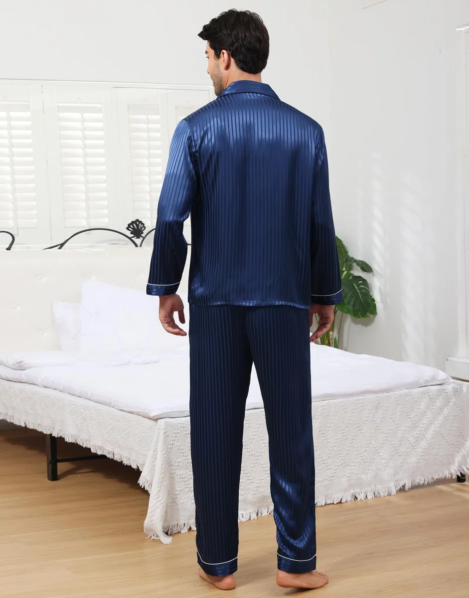 Pigiama da Uomo in Raso di Seta, Due Pezzi Set Completo con Camicia a Maniche Lunghe Bottoni e Pantaloni Eleganti con Tasche Abbigliamento Casa di Lusso