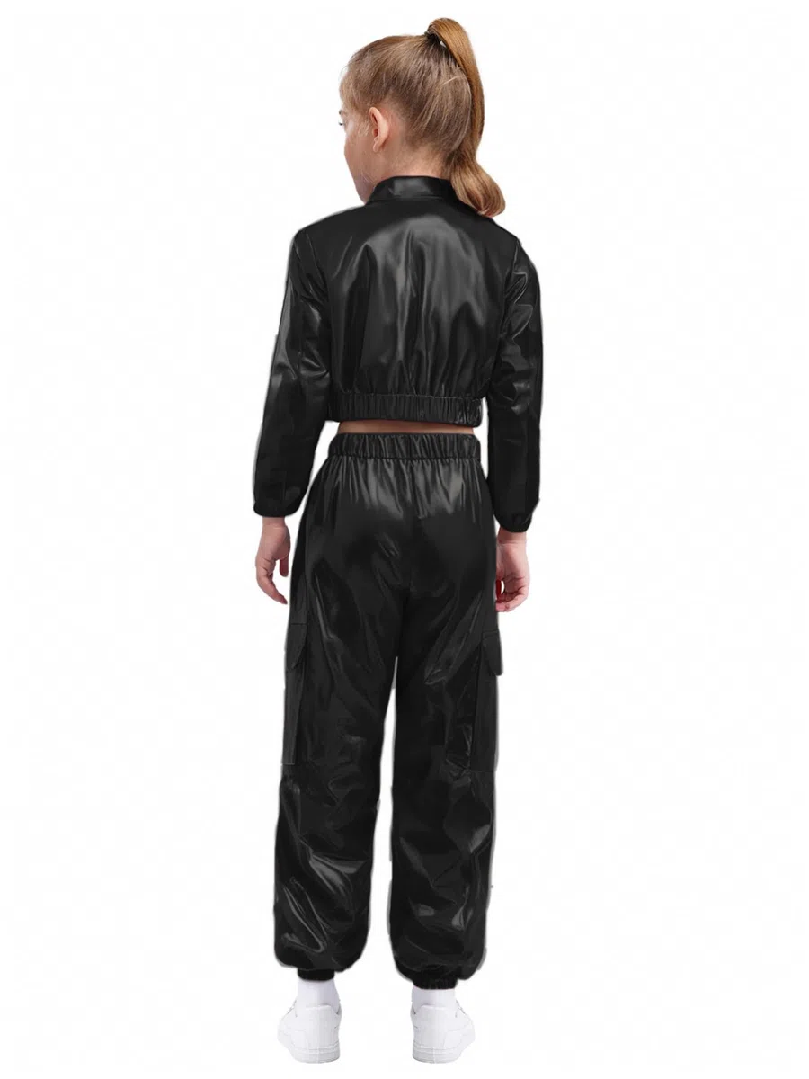 YiZYiF 2 Pezzi Tuta Lucido da Danza Hip Hop per Bambina Giacca a Maniche Lunghe + Pantaloni Lunghi Costume da Ballo