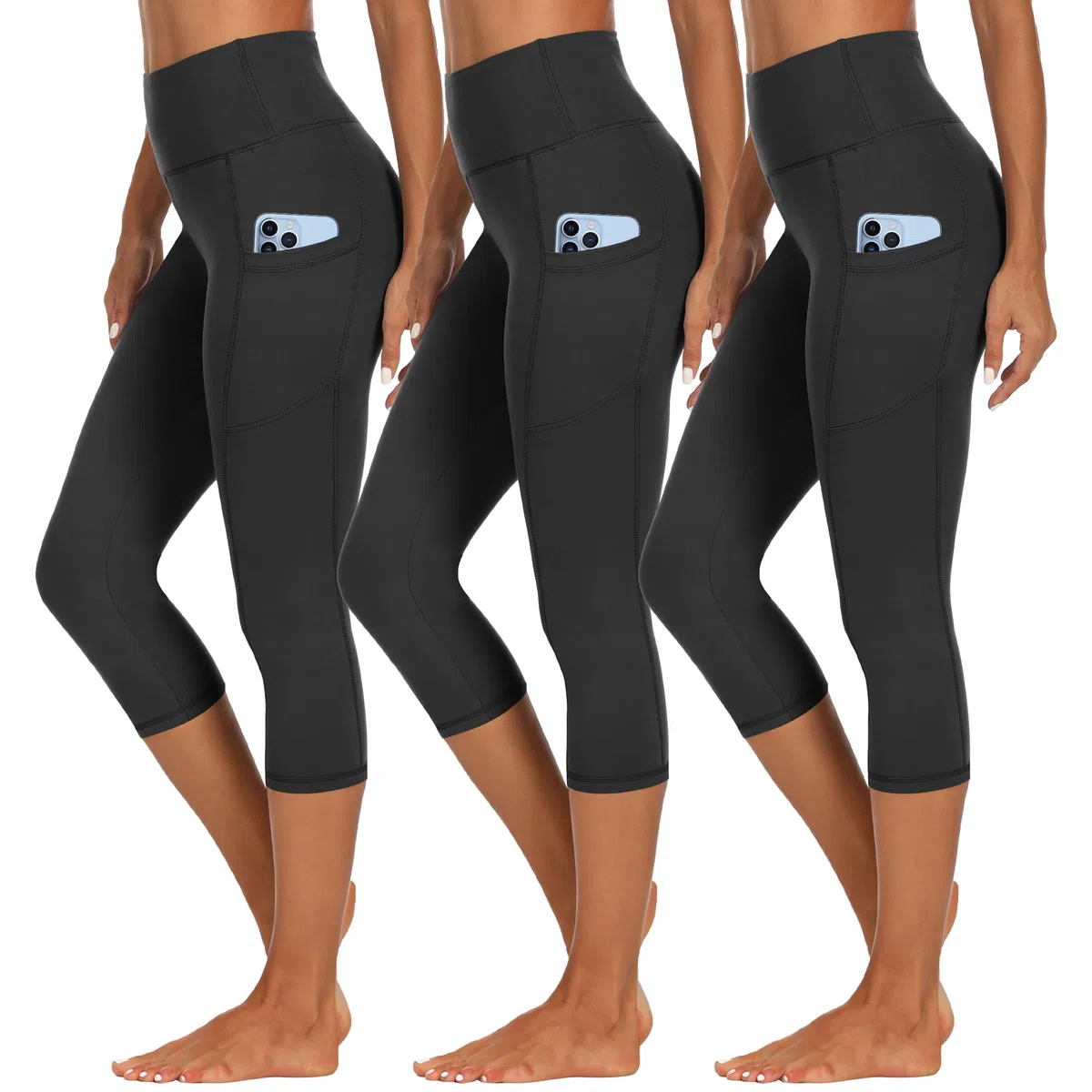 HIPOWER Confezione da 3 leggings da donna con tasche, Capri sportivi a 3/4, da donna, 7/8, a vita alta, yoga, estivi, per fitness e palestra