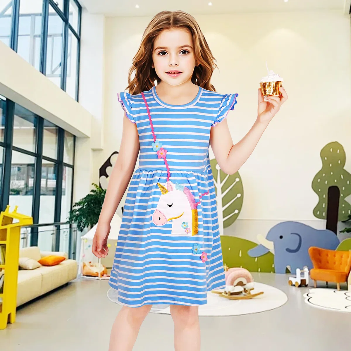 Vestito per Bambina Ragazza Manica Corta Unicorno Abito Stampa Fiore Ricamo Azzurro Striscia Abiti Cotone Cartoon Animale Casuale Vestiti Estivo Festa Compleanno per Regazze Bambini 2-9 Anni