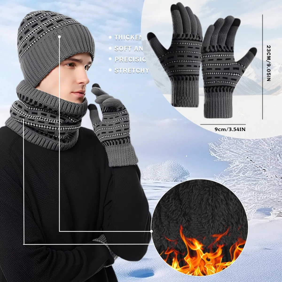 Cappello Sciarpa e Guanti Set Guanti da Uomo Touch Screen Berretto Foderato in Pile Elasticizzato Cappello Sciarpa Inverno Termico 3 PZ Set Regalo per Uomo