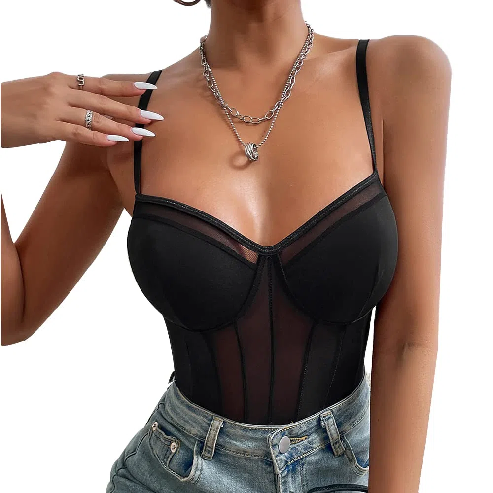 Body da Donna Sexy Spaghetti Cinturino Mesh Bodysuit Collo Quadrato Patchwork a Rete Trasparente Jumpsuits Elasticizzato Senza Maniche Going Out Leotard Top