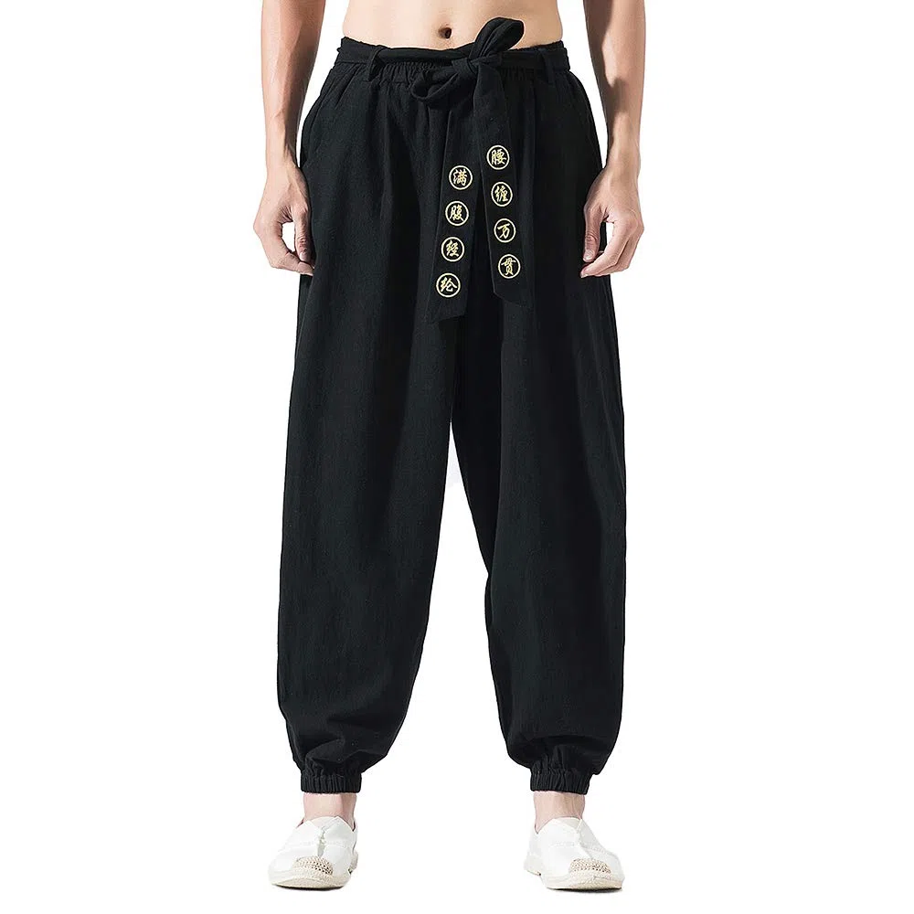 HAORUN Pantaloni da uomo in stile cinese Kung Fu Tai Chi pantaloni larghi in lino casual retrò gamba larga