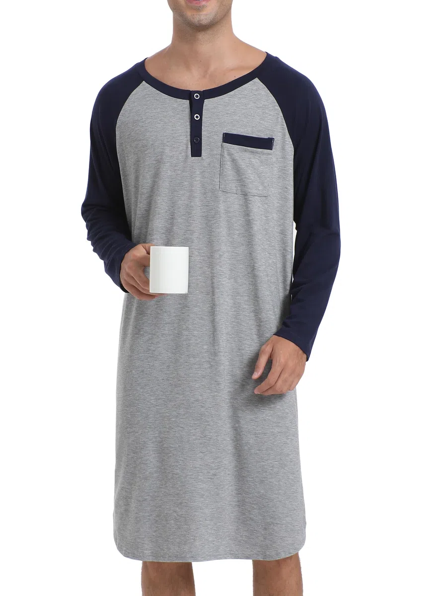 Enjoyoself Maglie Pigiama da Uomo in Cotone Maniche Lunghe Camicie da Notte per Primavera Autunno