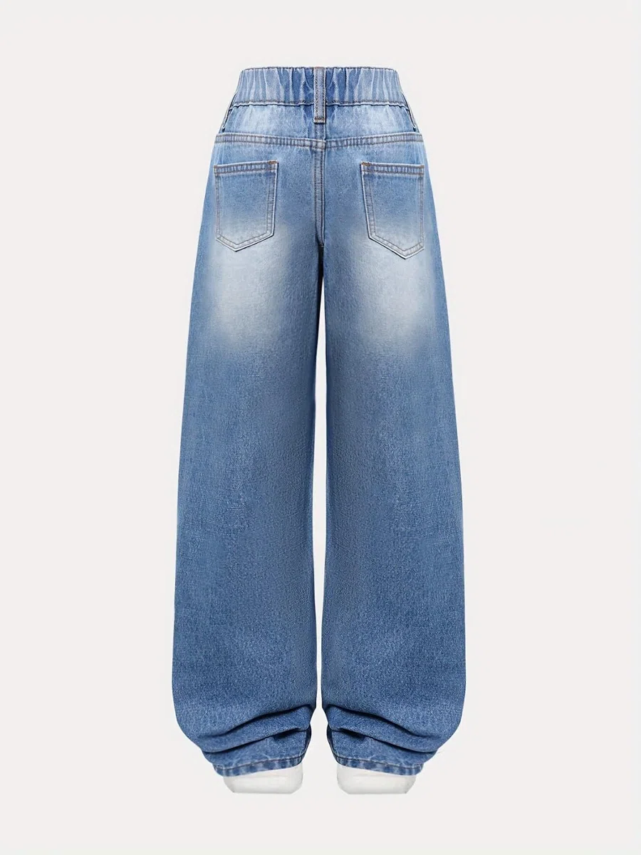 2025 - Jeans da ragazza, gamba larga, denim baggy, vita alta, fiocco carino, abbigliamento casual per bambini per bambini