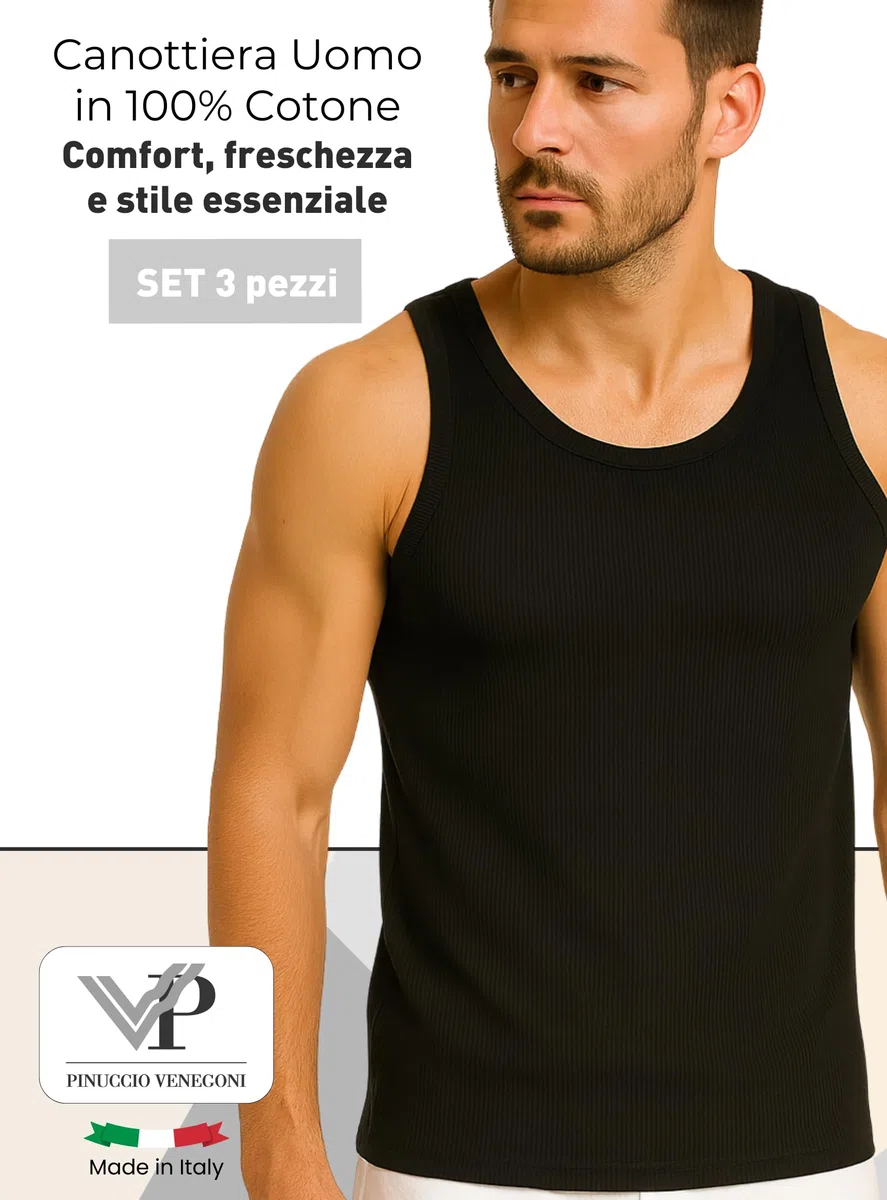 VP PINUCCIO VENEGONI - Set 3 Canottiere Uomo Cotone 100% Mercerizzato, Spalla Larga, Intimo Uomo Traspirante, Made in Italy