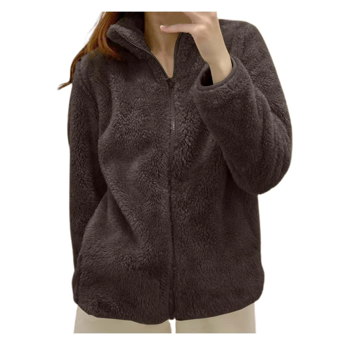 Generico Giacca da Donna Pile Camera Corta in Pile Senza Cappuccio Felpa Invernale con Zip Giacca Eleganti Tinta Unita Peluche Giubbotto Teddy Fleece Versione Loose Del Tinta Homewear