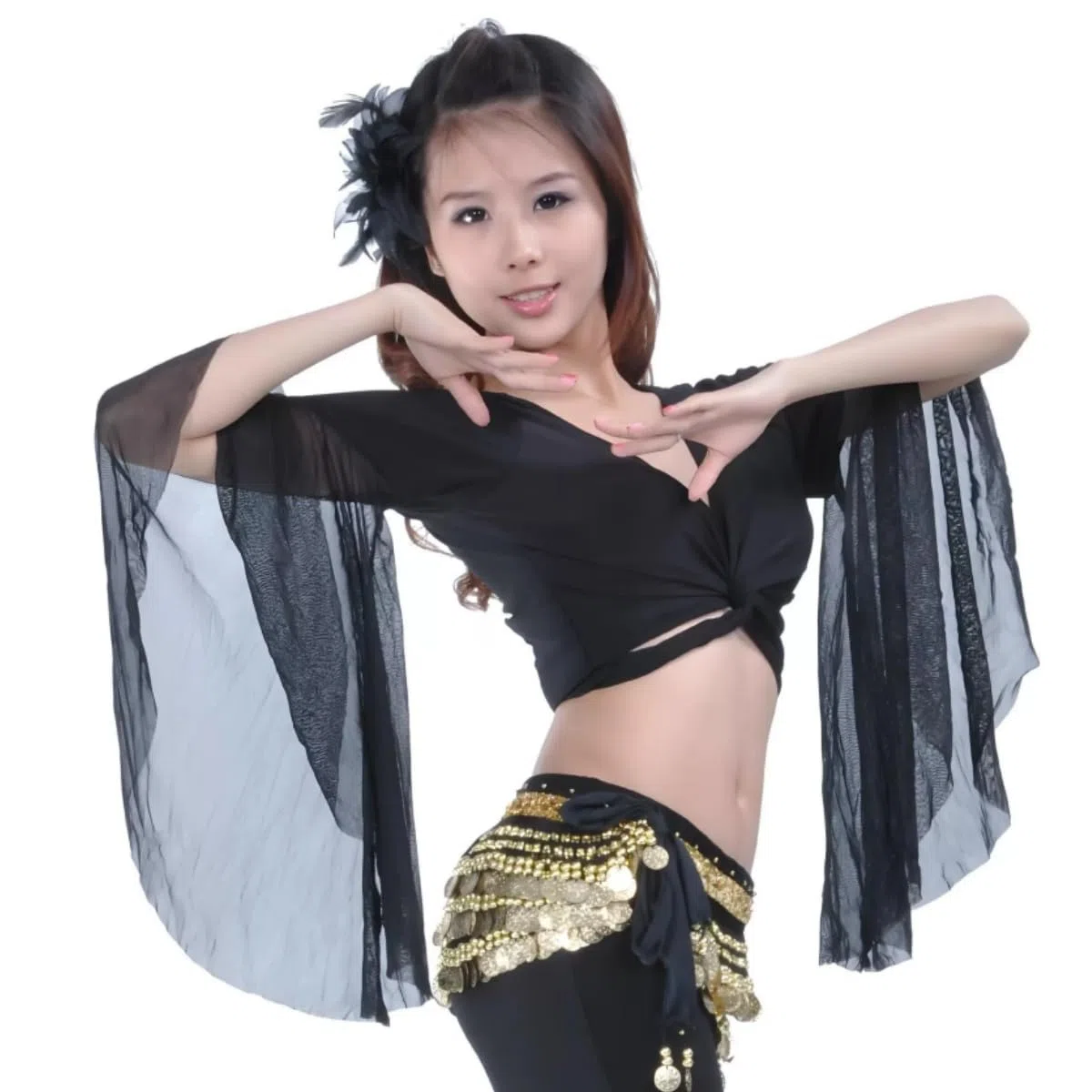 Top corto da danza con maniche svasate da donna, top avvolgente classica scollo V maniche 3/4 in tulle, camicia lacci per danza del ventre tribale, camicetta con nappe for annodare per abbigliamento