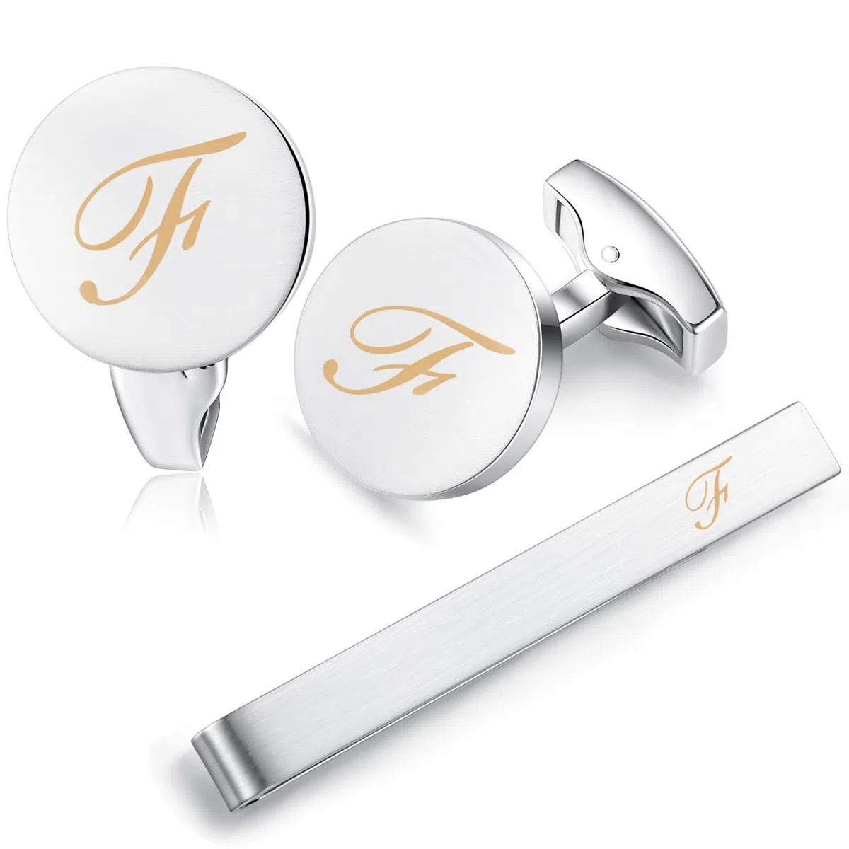 HONEY BEAR Gemelli & Fermacravatta Uomo con Iniziali Alfabeto Lettera per Camicia Matrimonio Commercio Regalo,Argent 5.4cm (F)