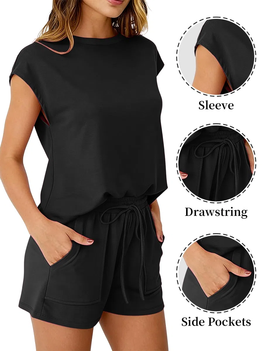 Completo Donna Estivo Corto 2 Pezzi Tuta Sportiva Estiva Senza Maniche con Scollo Rotondo e Pantaloncini Bermuda con Coulisse e Tasche