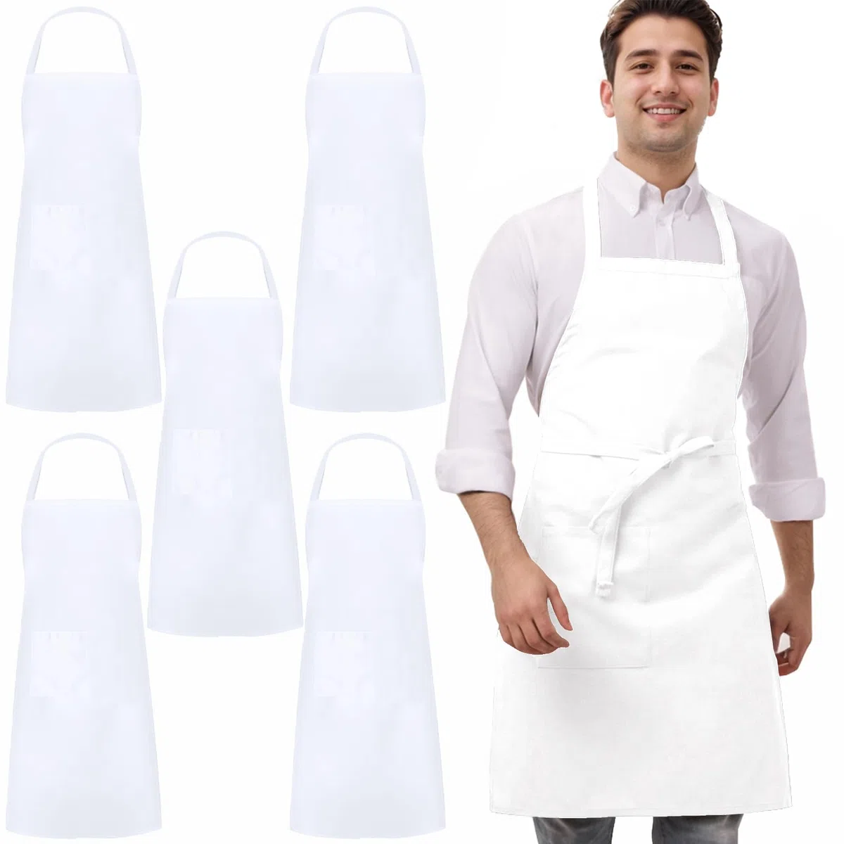 5 Pezzi Bianco Nero Grembiuli, Cuoco Grembiuli per Uomo e Donna, Cucina Grembiuli da Lavoro, Professionali Grembiuli