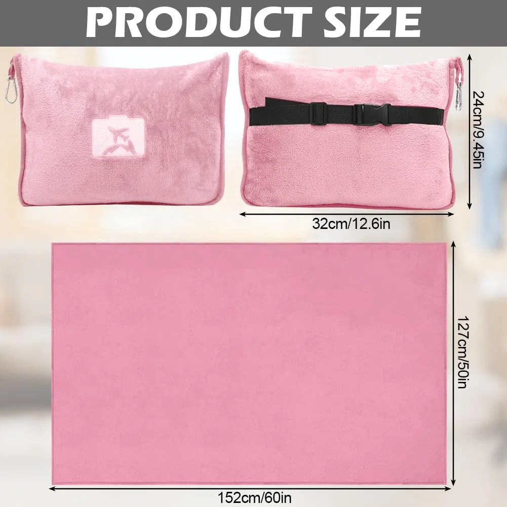 Coperta da Viaggio 2 in 1, 127 x 152 cm Coperta con Cuscino, Coperta Calda, Ultraleggera per Vacanze, Ufficio, casa, Viaggi d'Affari (Rosa)