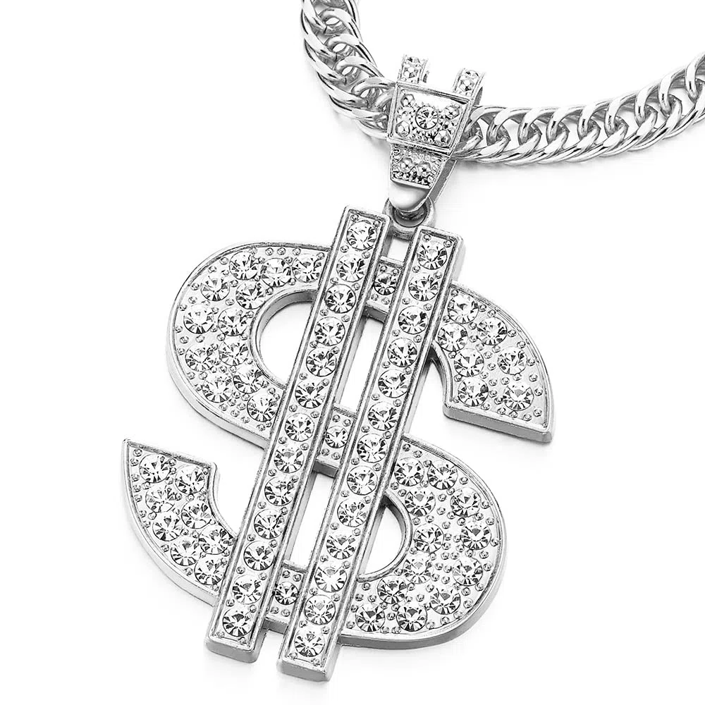 COOLSTEELANDBEYOND Hip Hop Punk Grande US Dollaro Segno Denaro Collana Pendente con Strass da Uomo Donna, Corda Catena 80CM