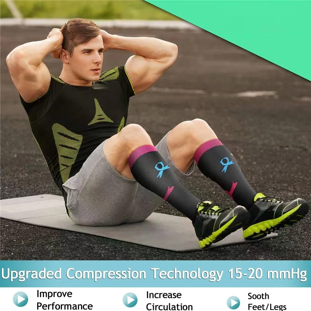 Calze a Compressione, (8 paia) per Uomo e Donna 15-20 mmHg, Calze a Compressione Graduata per Infermiere, Sportivi, Atletica, Medici, Ciclismo, Running e in Gravidanza, Viaggi in Aereo, Recupero