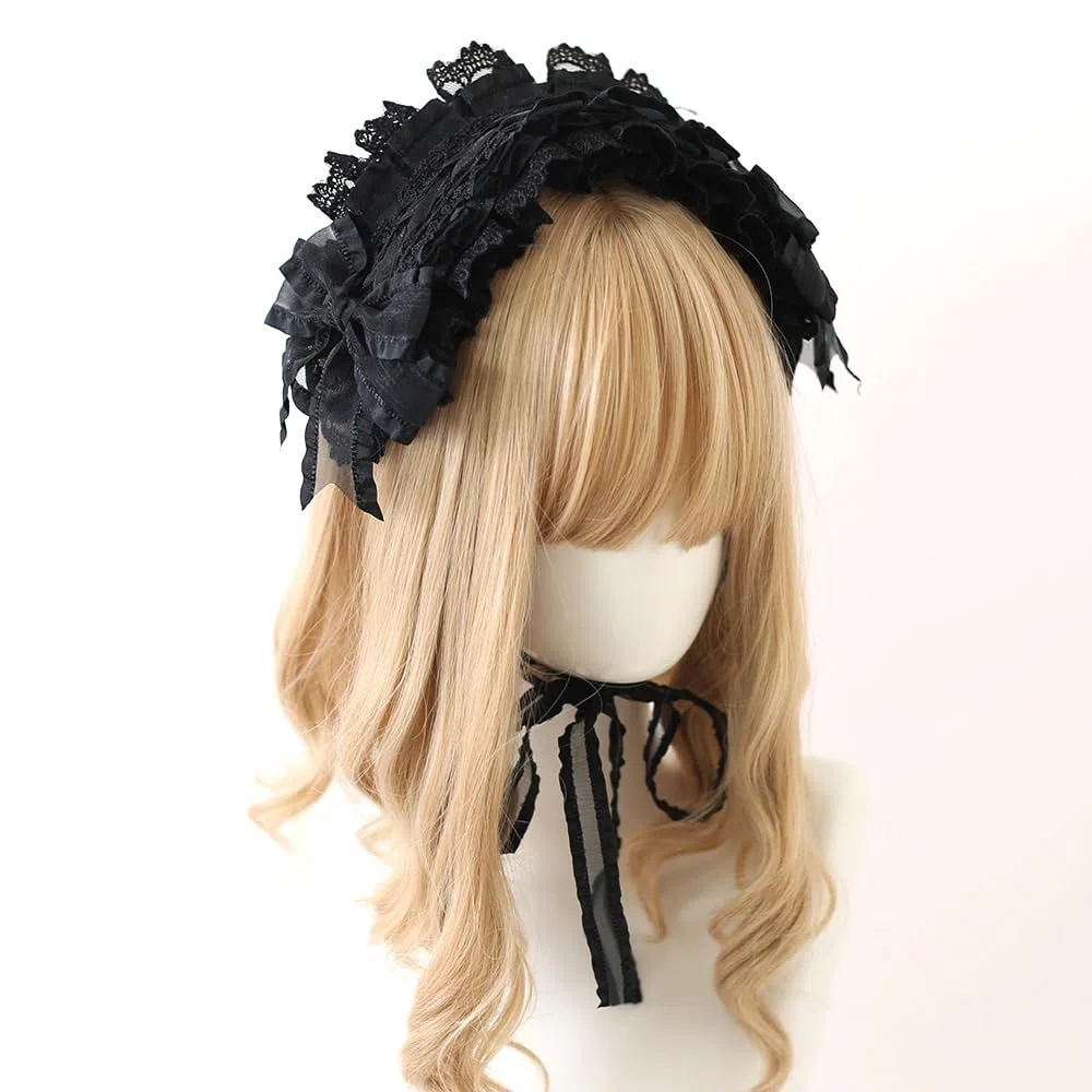 Forcina alla moda Copricapo Lolita nero Donna Ragazza Fiocco in pizzo gotico Accessori for capelli Copricapo da cameriera for feste in maschera Cosplay