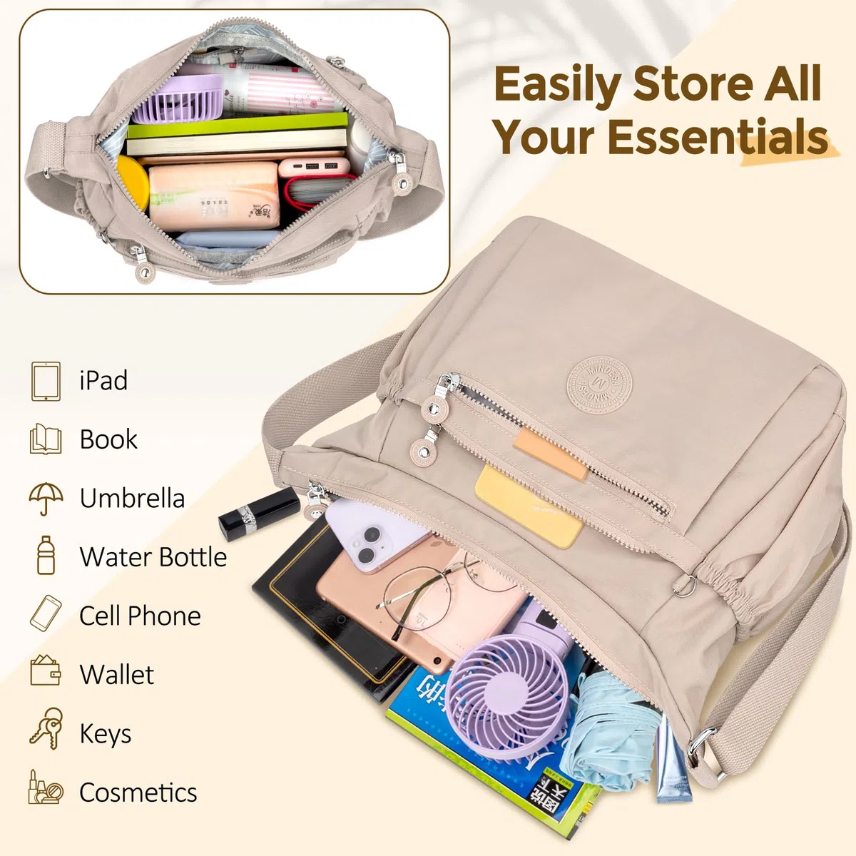 Borsa a Tracolla da Donna, Borsa Tracolla Grande Multitasche in Nylon Impermeabile Borsa a Spalla Donna con Tracolla Regolabile Leggera Crossbody Bag Donna per Shopping Lavoro Viaggio Festa